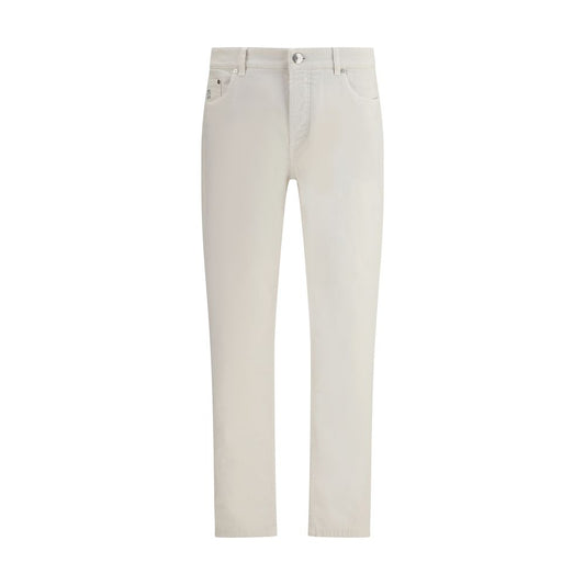 Brunello Cucinelli White Cotton Slim Fit Jeans with metal button closure and detailed pockets.