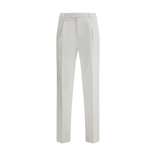 Brunello Cucinelli White Cotton Casual Pants featuring gabardine fabric, classic fit, and secure closure with zipper and button details.