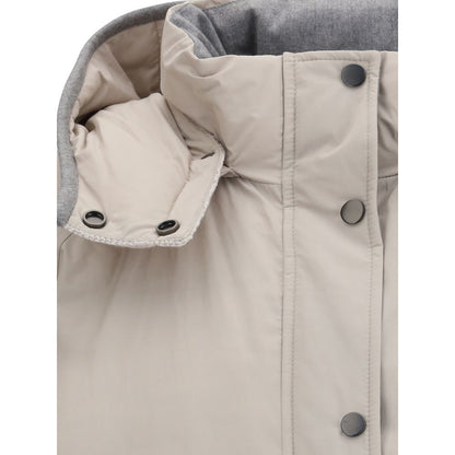 Close-up of Brunello Cucinelli Gray Polyester Coat with button closure and removable hood.