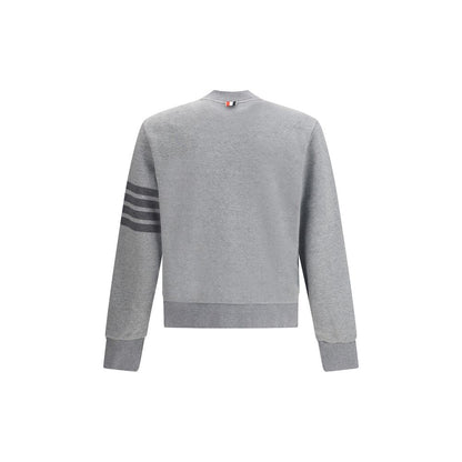 Back view of Thom Browne Gray Cotton Sweatshirt featuring iconic horizontal bands on sleeve.