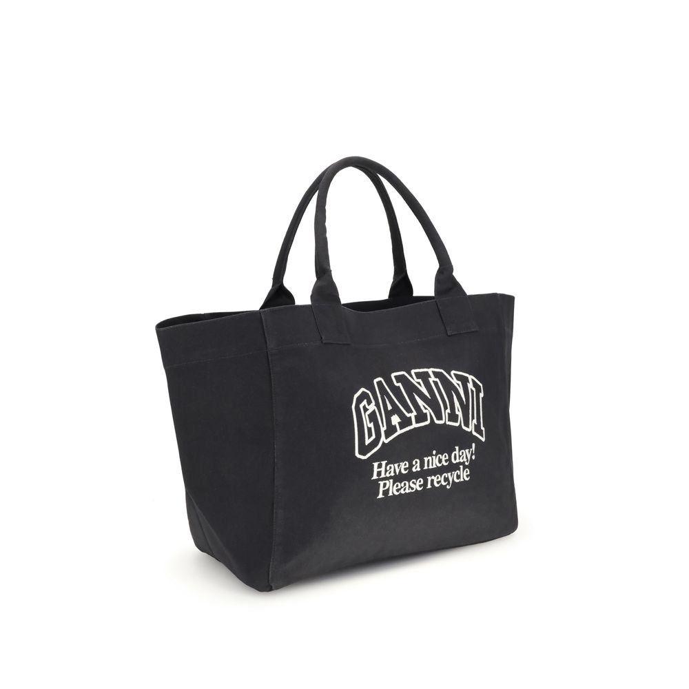 Ganni Black Cotton Shoulder Bag with logo, spacious XXL tote, top handles, interior pocket, 100% cotton, perfect for versatile use.