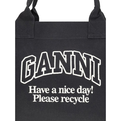 Ganni Black Cotton Shoulder Bag with logo and eco-friendly message emphasizing spaciousness and versatility, ideal for everyday use.