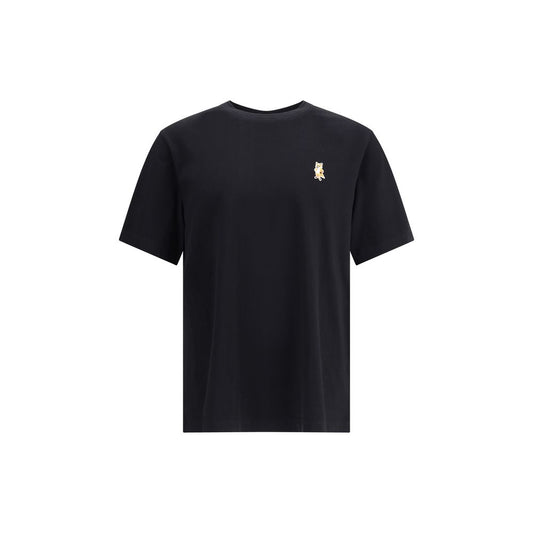 Maison Kitsuné Black Cotton T-Shirt with Standing Fox Patch, featuring short sleeves and ribbed crew neck.