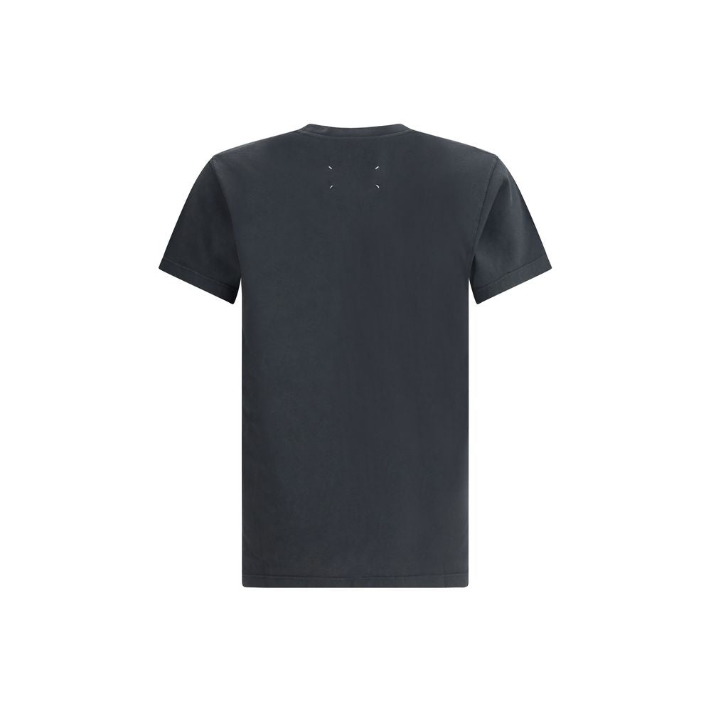 Margiela Black Cotton T-Shirt with a minimalist design and ribbed crew neck, featuring the brand's understated logo on the back view.