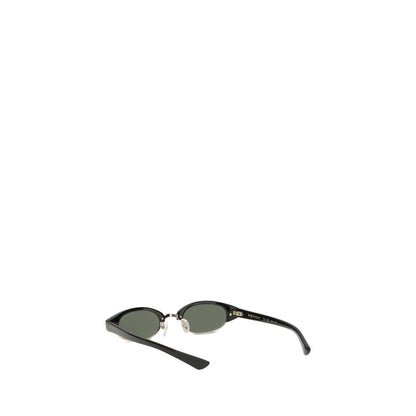 Alexander McQueen Black Acetate Sunglasses with narrow oval silhouette and McQueen logo engraved temples.