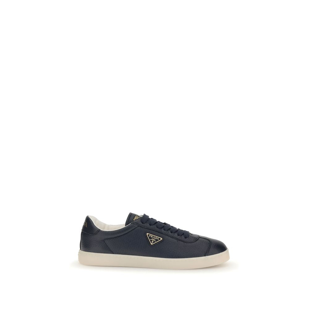 Prada Blue Calf Leather Bos Taurus Low Top Sneakers with embossed logo and padded ankle for comfort.