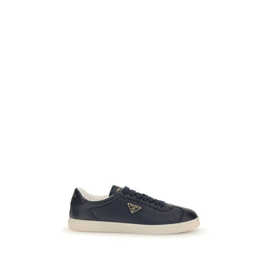 Prada Blue Calf Leather Bos Taurus Low Top Sneakers with embossed logo and padded ankle for comfort.