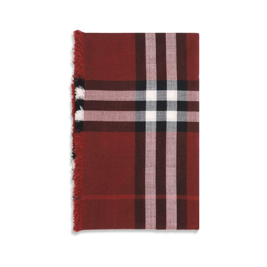 Burberry Red Wool Scarf with iconic Check pattern in Oxblood and Post Red, lightweight wool and silk muslin, AW25 collection.