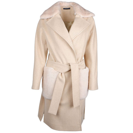 Made in Italy Beige Wool Women Coat with Rabbit Fur Collar