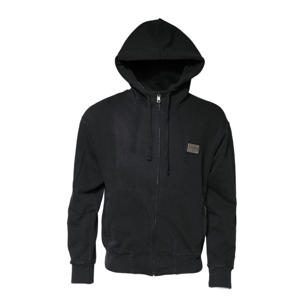 Dolce & Gabbana Black Logo FullZip Hooded Sweatshirt Sweater in 100% cotton, featuring iconic logo and zip closure for luxury streetwear.