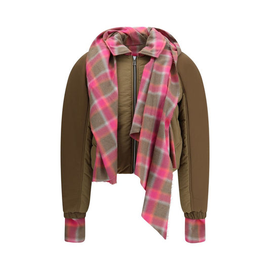 MARBELL Brown Cotton Shell Jacket with maxi scarf and plaid pattern, featuring quilted down, long sleeves, and front zip closure.