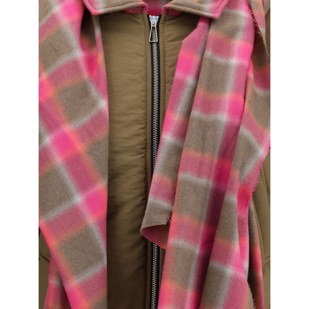 Close-up of MARBELL Brown Cotton Shell Jacket with plaid maxi scarf, featuring a quilted design and front zip closure.