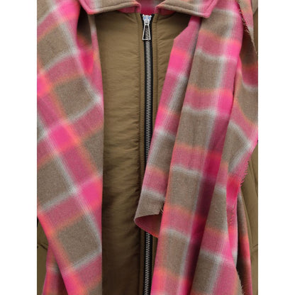 Close-up of MARBELL Brown Cotton Shell Jacket with plaid maxi scarf, featuring a quilted design and front zip closure.