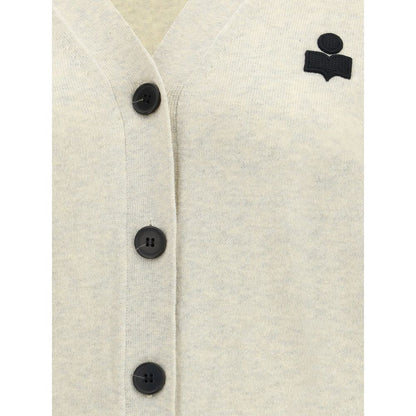 Close-up of Marant Etoile White Cotton Cardigan with buttons and logo accent. Ideal for casual and refined style. AW25 collection.