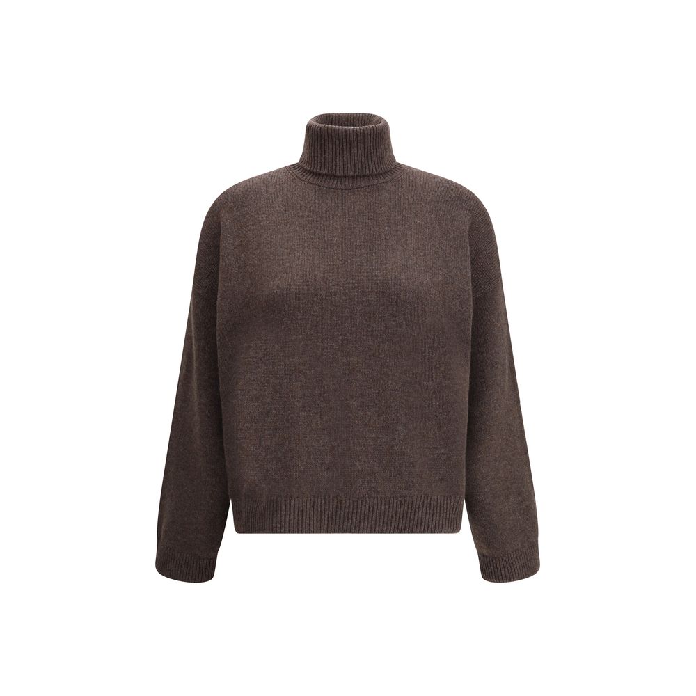 Brunello Cucinelli Brown Cashmere Turtleneck with oversize fit and nickel-free monile embroidery for elegant style and comfort.