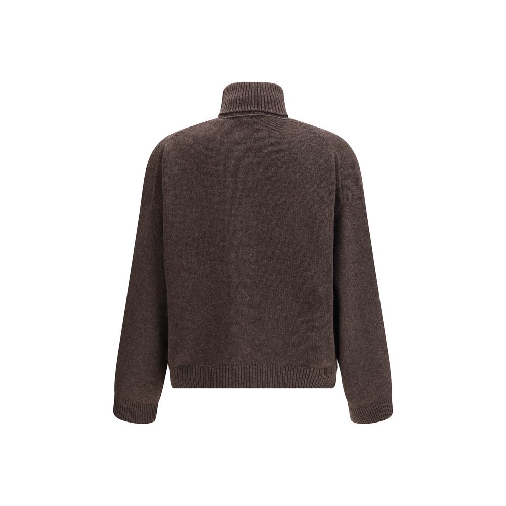 Back view of a Brunello Cucinelli Brown Cashmere Turtleneck with relaxed fit and wide sleeves, showcasing elegant nickel-free monile embroidery.