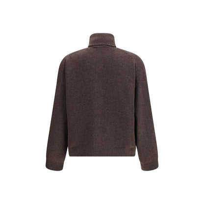 Back view of a Brunello Cucinelli Brown Cashmere Turtleneck with relaxed fit and wide sleeves, showcasing elegant nickel-free monile embroidery.