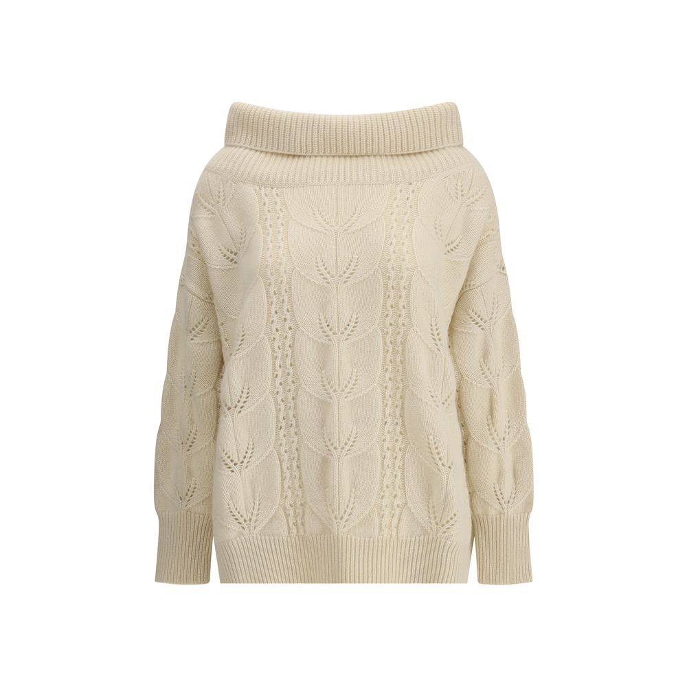 Ermanno Scervino Cream Cashmere Sweatshirt with perforated design, wide ribbed collar, and contemporary ribbed cuffs and hem.
