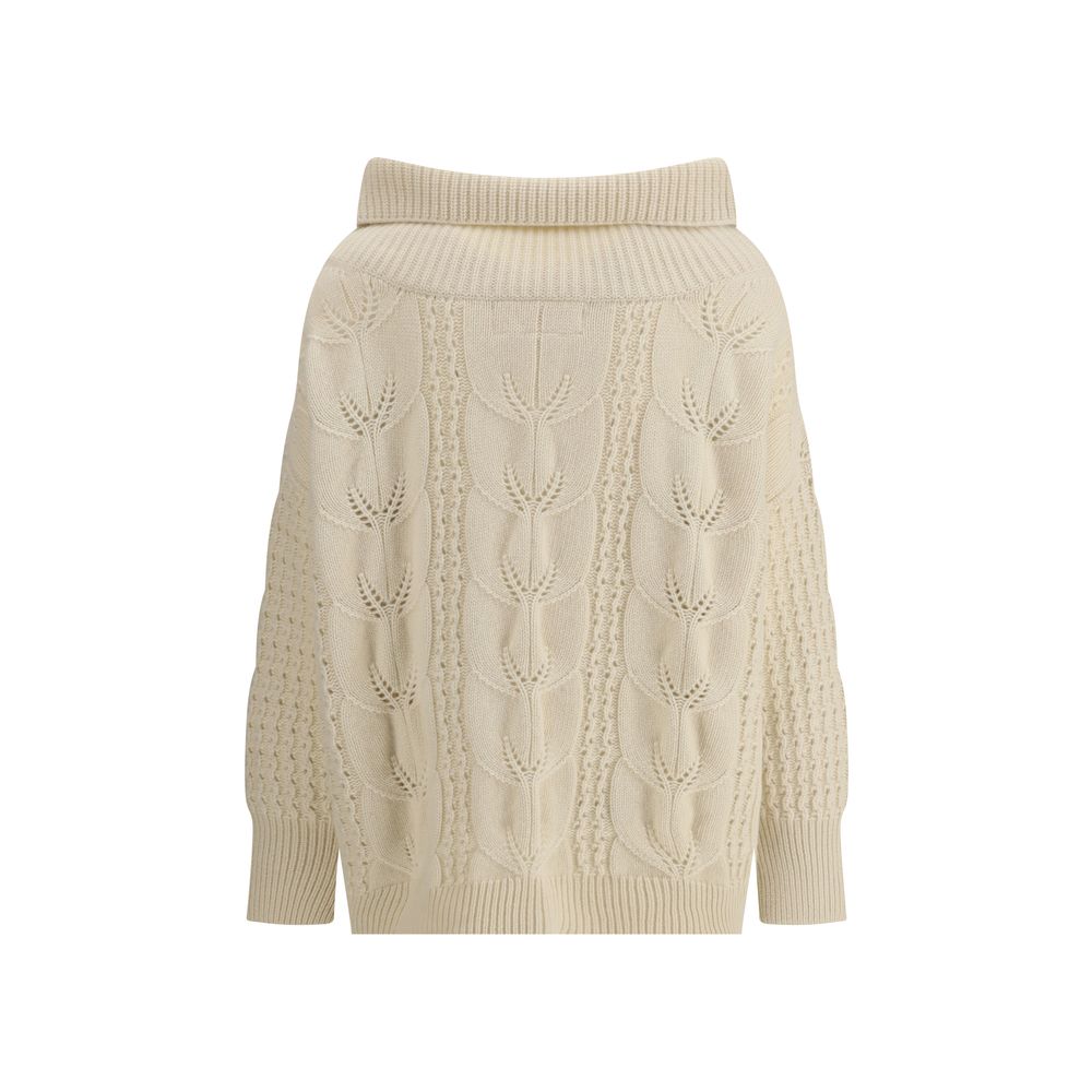 Ermanno Scervino Cream Cashmere Sweatshirt with ribbed collar, cuffs, and hem, featuring a stylish perforated design for AW25 season.