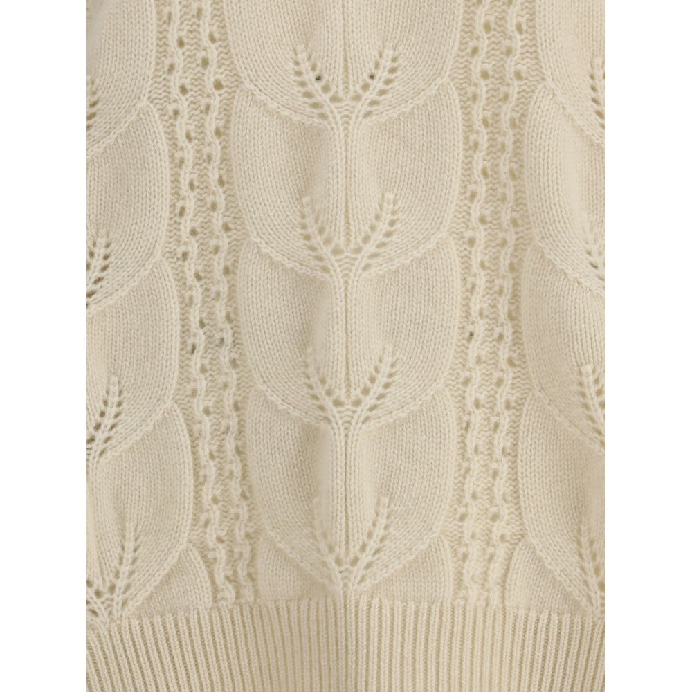 Ermanno Scervino Cream Cashmere Sweatshirt with perforated design and ribbed collar, cuffs, and hem.