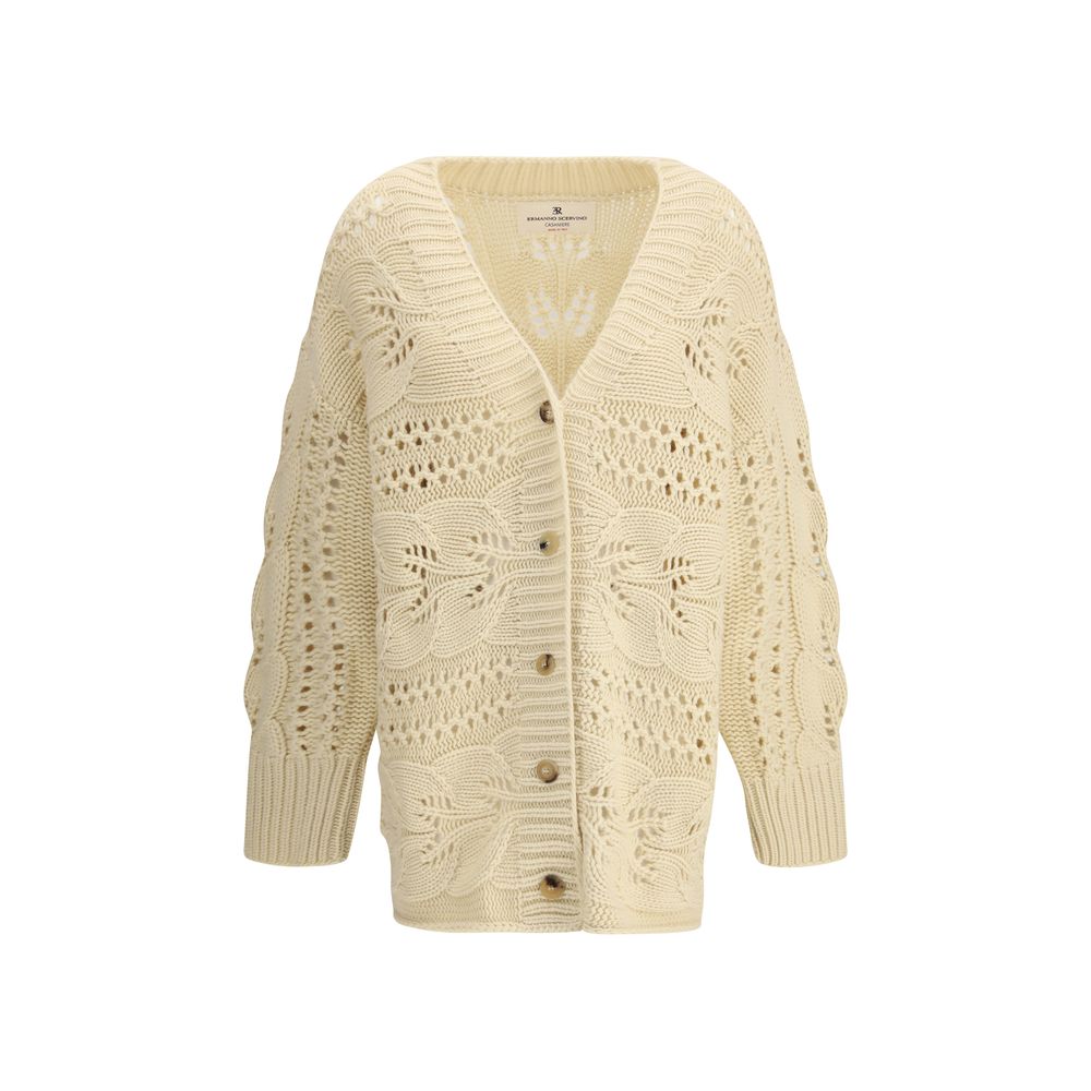 Ermanno Scervino Beige Cashmere Cardigan with perforated design and front button closure, featuring ribbed cuffs and hem for AW25 season.