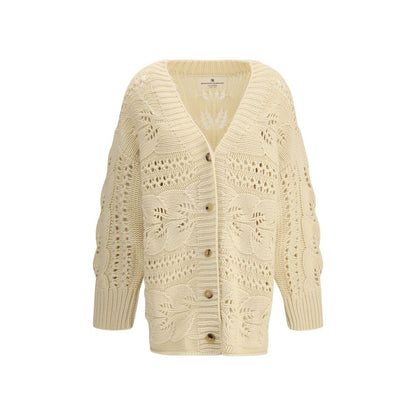 Ermanno Scervino Beige Cashmere Cardigan with perforated design and front button closure, featuring ribbed cuffs and hem for AW25 season.