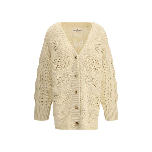 Ermanno Scervino Beige Cashmere Cardigan with perforated design and front button closure, featuring ribbed cuffs and hem for AW25 season.