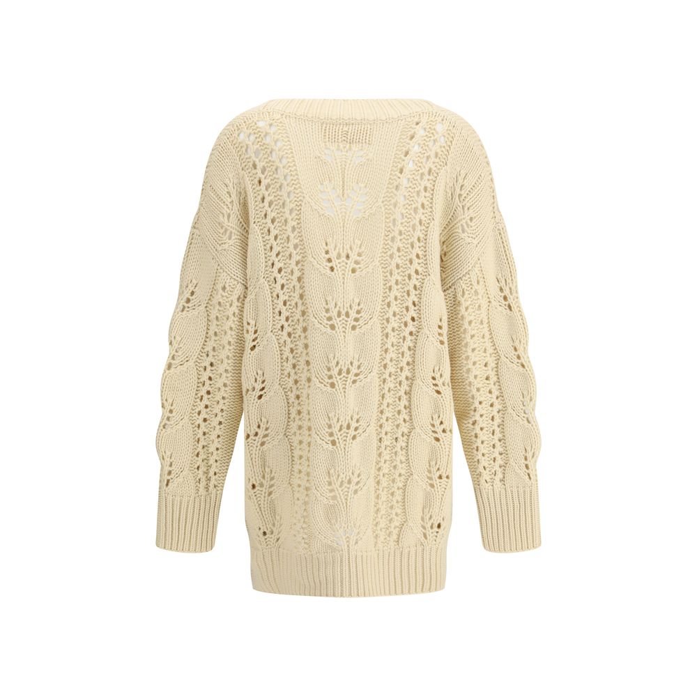 Ermanno Scervino Beige Cashmere Cardigan with perforated design, V-neck, ribbed edges; oversized, modern elegance for Fall and Winter 2025.