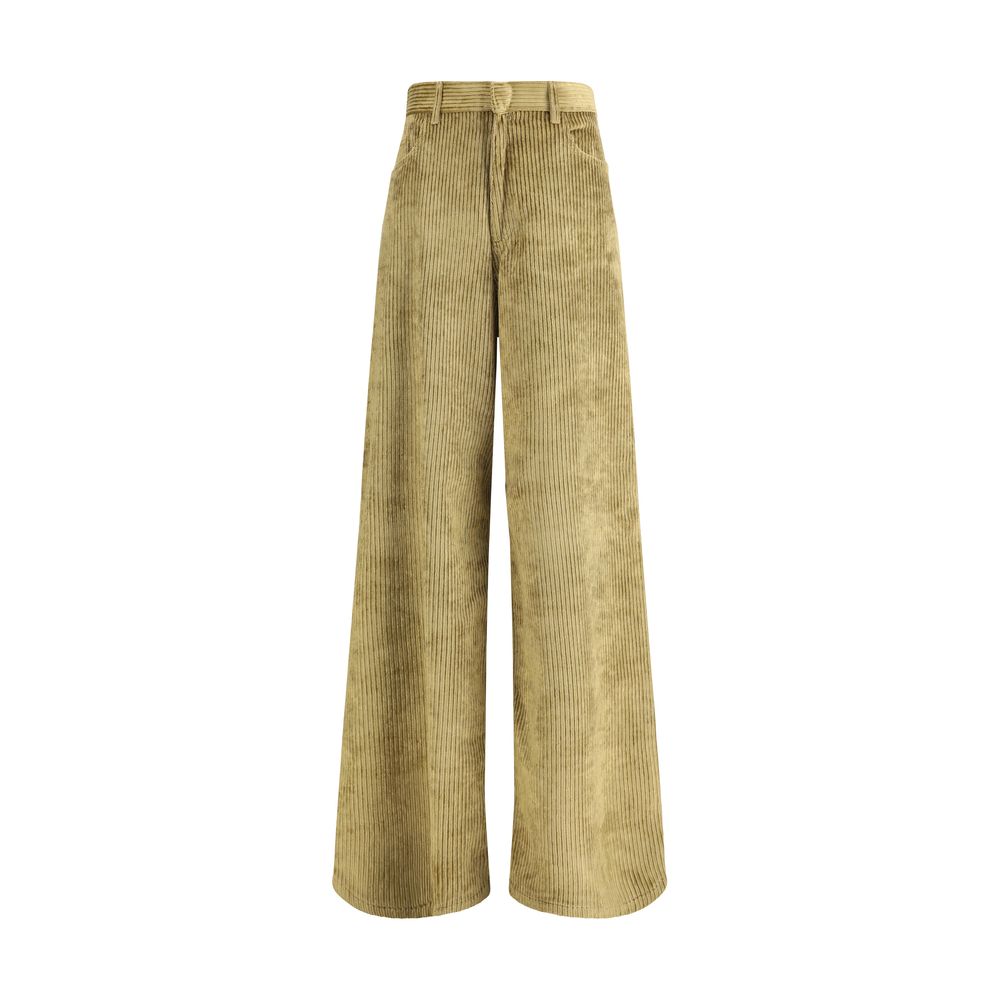Petar Petrov Gold Cotton Casual Pants with wide-leg corduroy design and front zipper, showcasing contemporary elegance and refined texture.