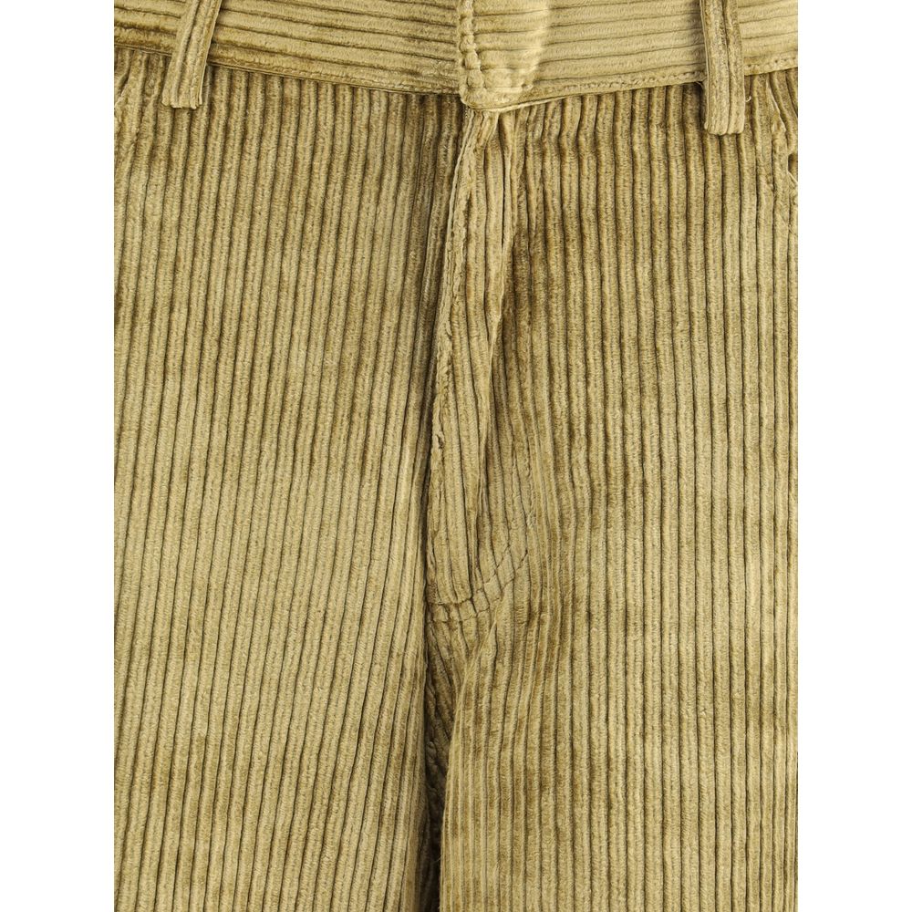 Petar Petrov Gold Cotton Casual Pants with rich corduroy texture, showcasing front details and wide leg design for contemporary elegance.