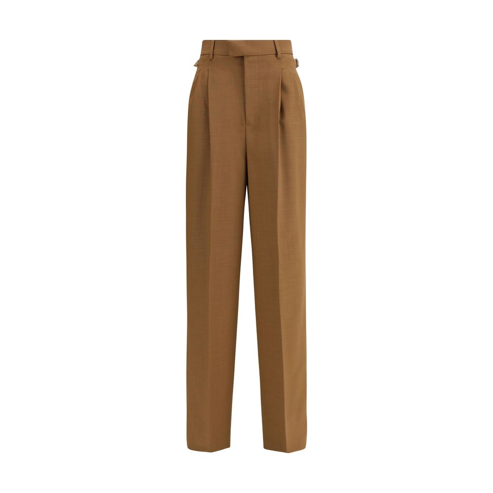 Ami Paris Brown Wool Casual Pants with high waist, front pleats, adjustable side tabs, and buttoned back pockets, crafted from wool twill.