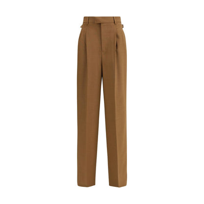 Ami Paris Brown Wool Casual Pants with high waist, front pleats, adjustable side tabs, and buttoned back pockets, crafted from wool twill.