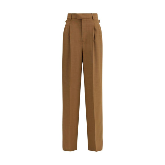 Ami Paris Brown Wool Casual Pants with high waist, front pleats, adjustable side tabs, and buttoned back pockets, crafted from wool twill.