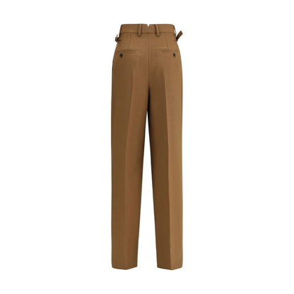 Back view of Ami Paris Brown Wool Casual Pants with high waist, adjustable tabs, buttoned pockets, and V-shaped back detail.