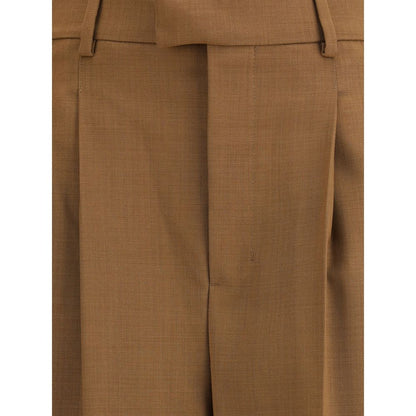 Ami Paris Brown Wool Casual Pants with high waist, pleats, and adjustable side tabs with engraved metal buckles for customizable fit.