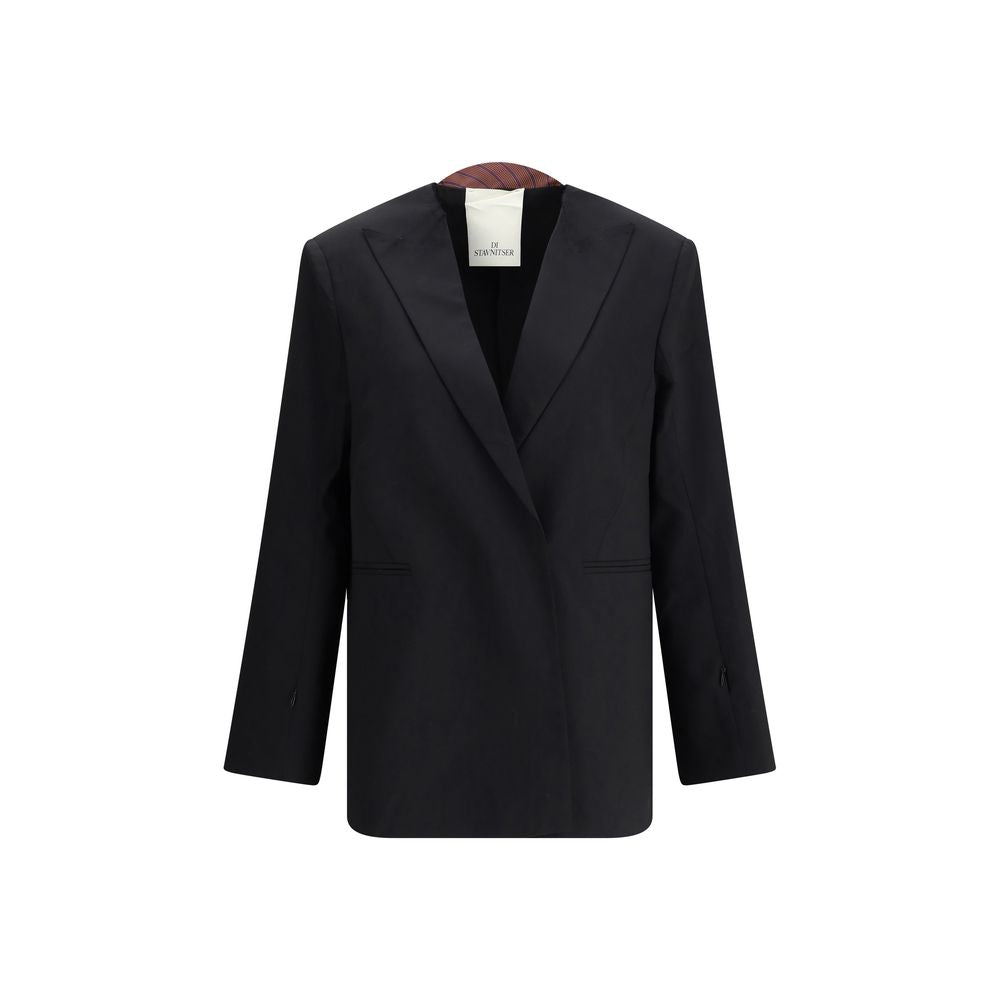 Di Stavnitser Black Polyester Blazer with peaked lapels, concealed button closure, and welt pockets, elegant AW25 fashion.