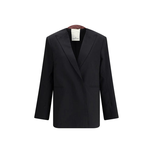 Di Stavnitser Black Polyester Blazer with peaked lapels, concealed button closure, and welt pockets, elegant AW25 fashion.