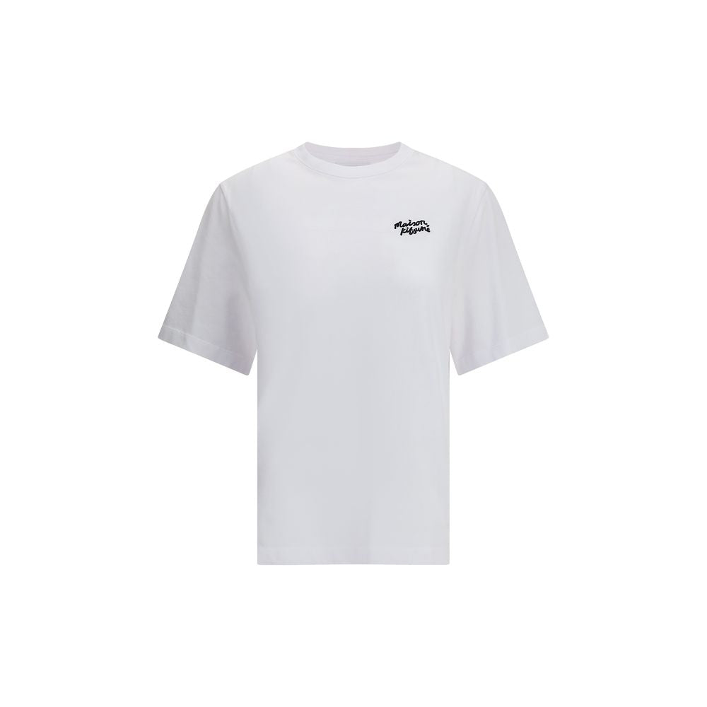 Maison Kitsuné White Cotton T-Shirt with logo, ribbed crew neck, regular fit, and embroidered design, perfect for AW25 season.