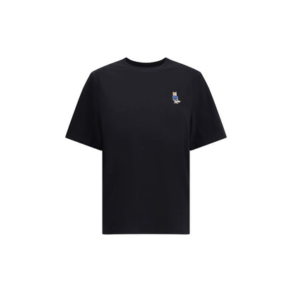Maison Kitsuné Black Cotton T-Shirt with embroidered dressed fox patch, ribbed crew neck, 100% cotton, regular fit.