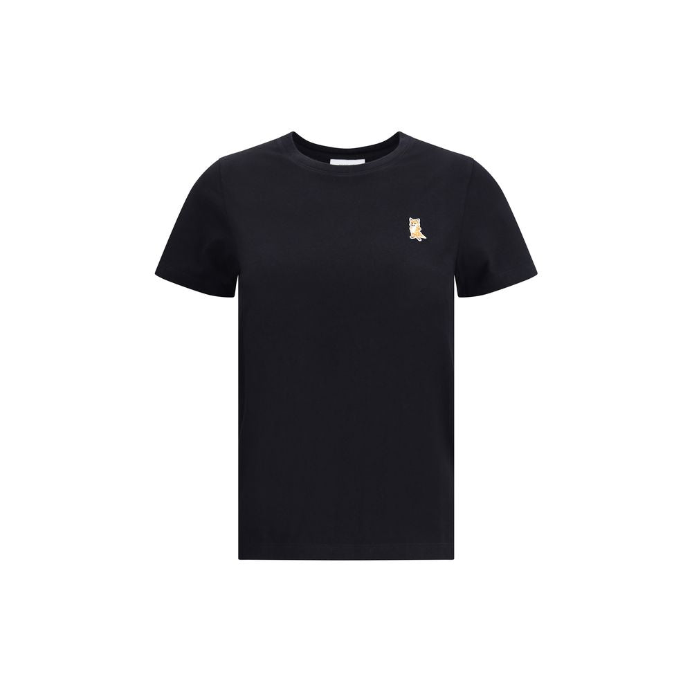 Maison Kitsuné Black Cotton T-Shirt with embroidered fox patch, featuring ribbed crew neck and regular fit, 100% cotton for casual style.
