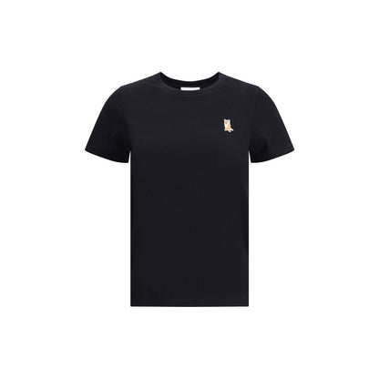 Maison Kitsuné Black Cotton T-Shirt with embroidered fox patch, featuring ribbed crew neck and regular fit, 100% cotton for casual style.