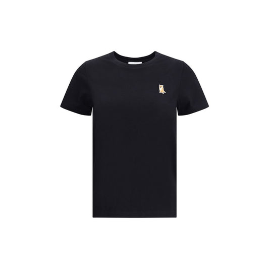 Maison Kitsuné Black Cotton T-Shirt with embroidered fox patch, featuring ribbed crew neck and regular fit, 100% cotton for casual style.