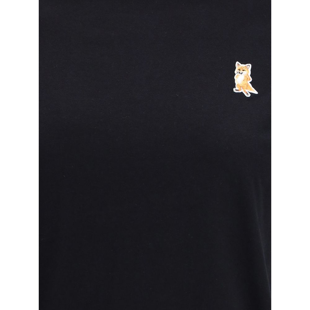 Maison Kitsuné Black Cotton T-Shirt with embroidered fox patch, ribbed crew neck, perfect for casual stylish look.