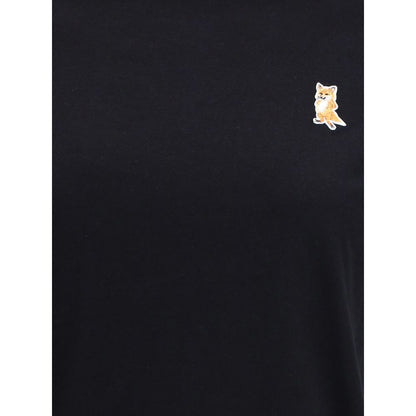 Maison Kitsuné Black Cotton T-Shirt with embroidered fox patch, ribbed crew neck, perfect for casual stylish look.