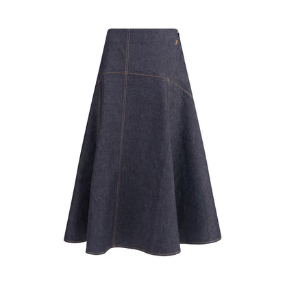 Jacquemus Blue Cotton Midi Skirt with contrast stitching, flared design, and side zipper. AW25 collection, 100% cotton denim.