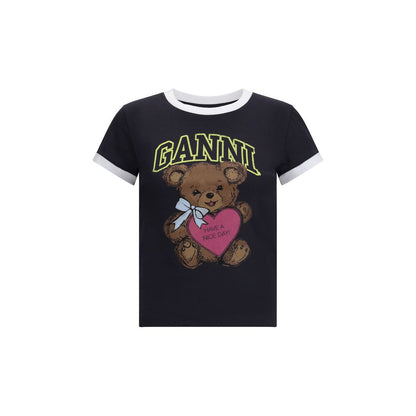 Ganni Black Cotton T-Shirt with teddy bear print, round neckline, short sleeves, GANNI logo, "Have a nice day! Please recycle" message.