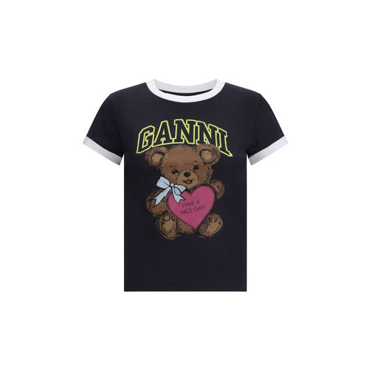 Ganni Black Cotton T-Shirt with teddy bear print, round neckline, short sleeves, GANNI logo, "Have a nice day! Please recycle" message.