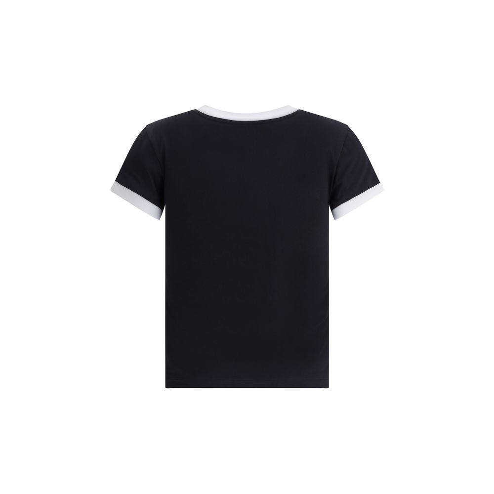 Back view of Ganni Black Cotton T-Shirt with white neckline and sleeves, featuring a casual design suitable for everyday wear.