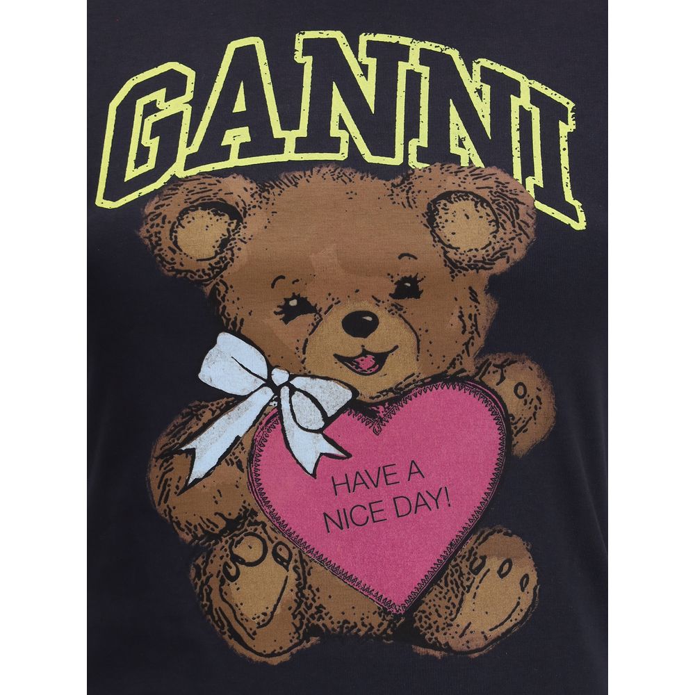 Ganni Black Cotton T-Shirt featuring teddy bear print and 'Have a Nice Day! Please Recycle' slogan, with GANNI logo. AW25 Collection.