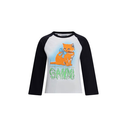 Ganni Multicolor Cotton T-Shirt with kitten graphic, GANNI logo, and 'Have a nice day! Please recycle!' message, 100% Cotton, AW25.
